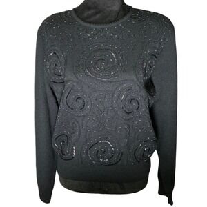 CLAIBORNE 90s‎ Vintage Black Beaded Swirl Sweater Wool Blend Long Pullover Small